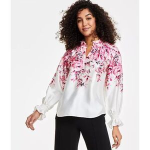 Anne‎ Klein Printed Ruffle-Neck Long-Sleeve Satin Top Size XXL